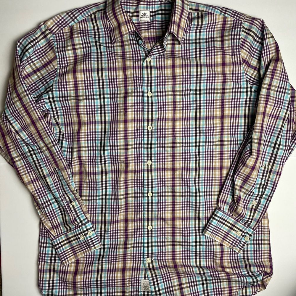 Peter Millar Mens Colorful Plaid Long Sleeve Button Down Size L 100% Cotton